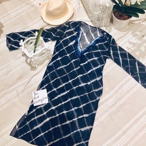 BCBG silk sheer tunic w/ embroidery & beaded neck